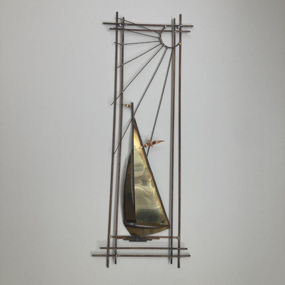Vtg MCM Mod Mixed Metal C. Jere Style Sailboat Metal Wall Art Sculpture Signed